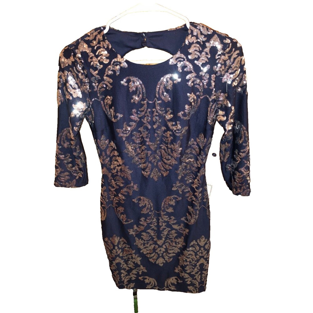 NWT B. Darlin Dress 3/4 Sleeve Bodycon Navy Silver Sequins Size XS Prom Dance - Picture 3 of 7